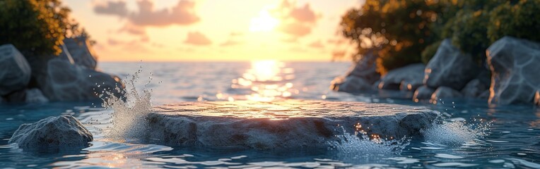 Wall Mural - An advertising podium for advertising goods, a round stone podium  on the background of the setting sun , water and rocks, a sea with splashes of waves and a water surface