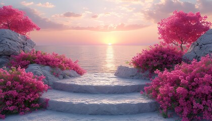 Wall Mural - An advertising podium for advertising goods, a round stone podium with flowers on the background of the setting sun , water and rocks, a sea with splashes of waves and a water surface