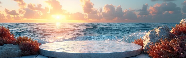 Wall Mural - An advertising podium for advertising goods, a round stone podium with flowers on the background of the setting sun , water and rocks, a sea with splashes of waves and a water surface