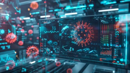 Fototapete - A close-up view of a computer screen displaying a 3D model of a coronavirus. The screen is surrounded by other computer screens, all showing various data visualizations and graphs.