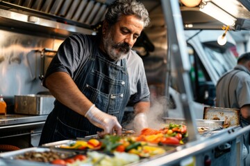 Middle aged Hispanic male making meal in food truck