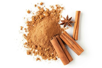 Wall Mural - Cinnamon sticks and powder on white background viewed from above.