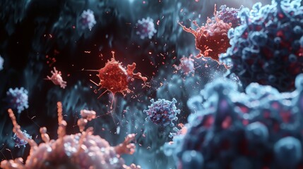 Poster - Red and blue cells are shown in close-up, moving through a cloudy, dark background.
