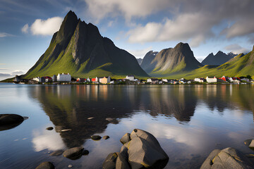 Poster - Nestled amidst the dramatic scenery of the Lofoten Islands, a charming red house stands out against the rugged landscape.