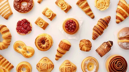 Realistic photography, top view of a clean surface which has traditional bakery items on it