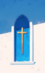 A simple cross hanging on the wall of a church, white background 