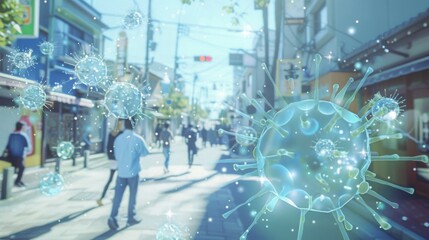 Fototapete - A busy city street with people walking through the day, but with multiple virus particles superimposed, representing the spread of disease.