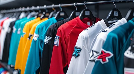 Assortment of team sports uniforms and jerseys in various colors and styles, hanging on a rack with sports equipment visible in the background