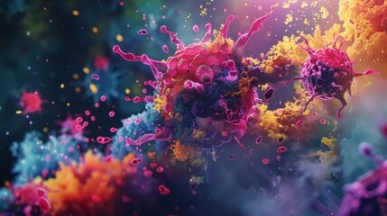 Aufkleber - The image shows a 3D render of cancer cells. The cells are vibrant, and they are surrounded by a colorful mist.