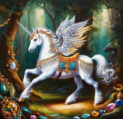 Canvas Print - In the vibrant world of a surreal gouache painting, an opulent unicorn adorned with shimmering jewels and dazzling silver horns prances amidst a mystical copy space