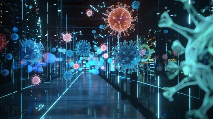 Fototapete - A glowing, blue, digital corridor with various virus particles floating through the air, seen from a perspective looking down the corridor.