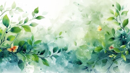 Wall Mural - Watercolor botanical abstract with flowing green leaves and splashes of floral colors, bringing a garden's freshness