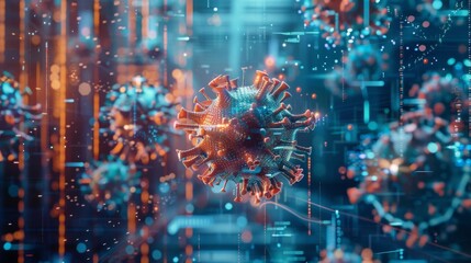 Poster - A 3D rendering of a coronavirus, in a digital background of blue and orange lights and data streams.