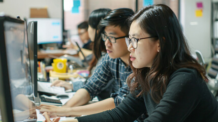 Asian creative team of programing designers involved in all phases of UX design.