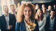 © ORG - Happy female leader receives business award With a cheerful team of employees cheering behind you.