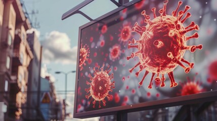 Fototapete - A billboard in a city displays a close-up image of a coronavirus, depicting the microscopic threat in a public space.