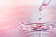 © MP-AI - Close-up of a dropper releasing liquid into water, causing ripples with a soft pink background. Beauty, skincare, and wellness concept image.