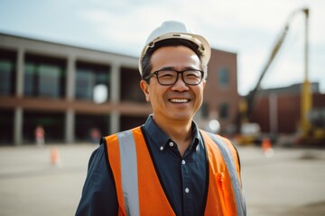 Wall Mural - Smiling portrait of a mature businessman on construction site