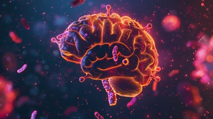 Poster - A digital rendering of a human brain with glowing red and orange lines, surrounded by various floating viruses.