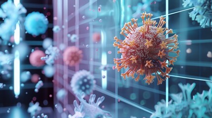 Aufkleber - A 3D rendering of a Coronavirus particle with other particles in the background.