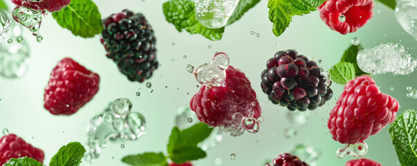 A dynamic display of fresh raspberries, blackberries, and mint leaves flying together with droplets of water, set against a light green background, highlighting their vibrant and refreshing qualities.