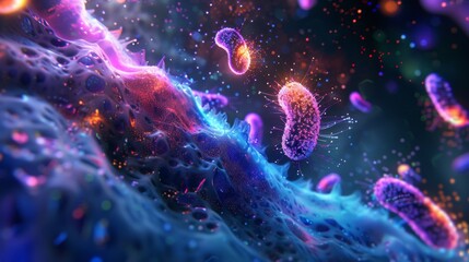 Aufkleber - A close-up of colorful bacteria floating on a blue, textured surface. The bacteria are illuminated by bright, iridescent light.