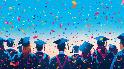 Joyful Graduates Minimalist Illustration of Graduating Students Celebrating Success with Falling Confetti