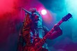 © Alexandr - Lion guitarist on stage, neon background. A rock star.