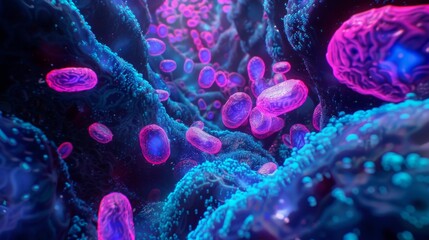 Fototapete - Microscopic image shows vibrant cells with intricate structure and movement within an organism. Pink and blue hues emphasize internal processes.