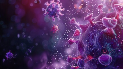 Aufkleber - A close-up view of a purple virus particle with spikes, floating in a dark purple background.