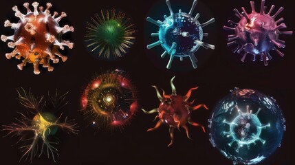 Poster - A collection of colorful 3D models of viruses against a black background. Each virus has a unique shape and structure, highlighting the diversity of these microscopic organisms.