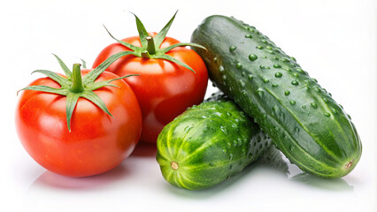Wall Mural - Two bright red tomatoes and two dark green cucumbers sit on a white background