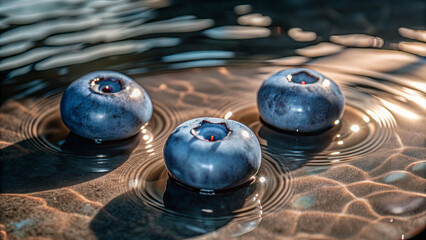 Wall Mural - Three blueberries float in a bowl of water, creating ripples on the surface. The blueberries are illuminated by sunlight, highlighting their vibrant blue color