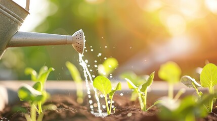 Canvas Print - Watering Young Plants In Garden