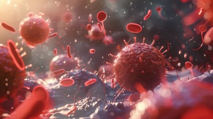 Fototapete - A close-up digital illustration of red blood cells and viruses floating in a bodily fluid.