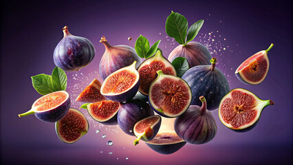 Wall Mural - Figs, sliced and whole, fall against a purple background with leaves and water droplets