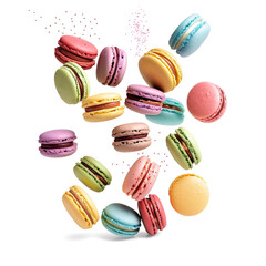 colorful macarons floating in the air on transparent background