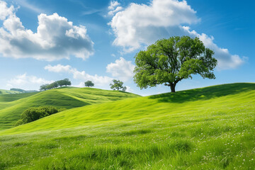 beautiful green grassy hills with trees and a blue sky.