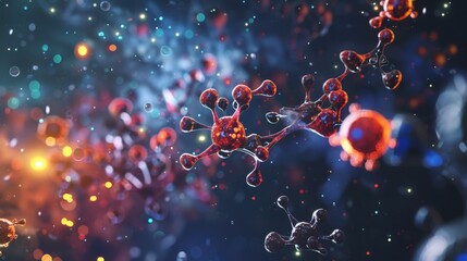 Poster - A close-up of a red and black virus-like structure floating in space with a bright light source in the background.