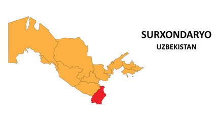 Canvas Print - Surxondaryo Map is highlighted on the Uzbekistan map with detailed State and region outlines.