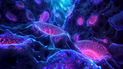 Leinwandbilder - A close-up view of a cell's internal structure, with blue and pink hues. The image is highly detailed and abstract.
