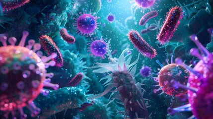 Aufkleber - A close-up view of various viruses and bacteria in a blue and purple landscape.