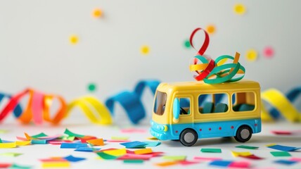 Wall Mural - Colorful toy bus with celebratory ribbons and confetti