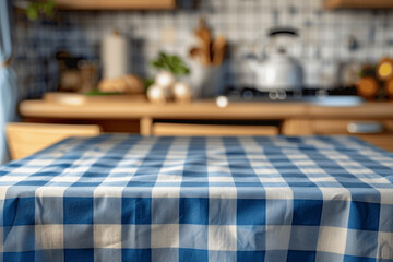 Wall Mural - Close up of blue checkered tablecloth in cozy kitchen with blurred background and fresh fruit