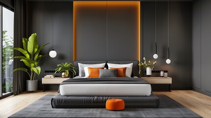 Wall Mural - Luxurious bedroom with an eclectic design, featuring a statement bed, unique lighting fixtures, bold patterns, and rich textures, creating a vibrant and stylish retreat. Copy space for text, sharp
