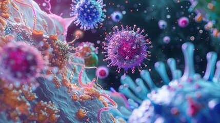 Aufkleber - A close-up view of a cell surface with multiple colorful viruses attached.