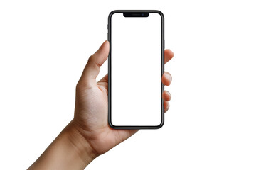modern smartphone with transparent screen in left hand on transparent background, smartphone in hand, png mockup for any background and any image on the screen, generative ai