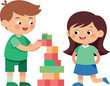© GMZ - Happy children playing with building blocks, creating a colorful tower together