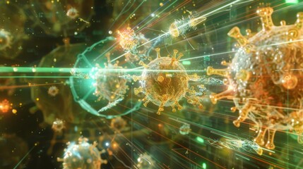 Aufkleber - A digital illustration of viruses with light beams traveling across a dark green background.