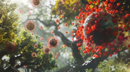 Fototapete - A close-up view of red and blue virus particles floating in a forest setting.